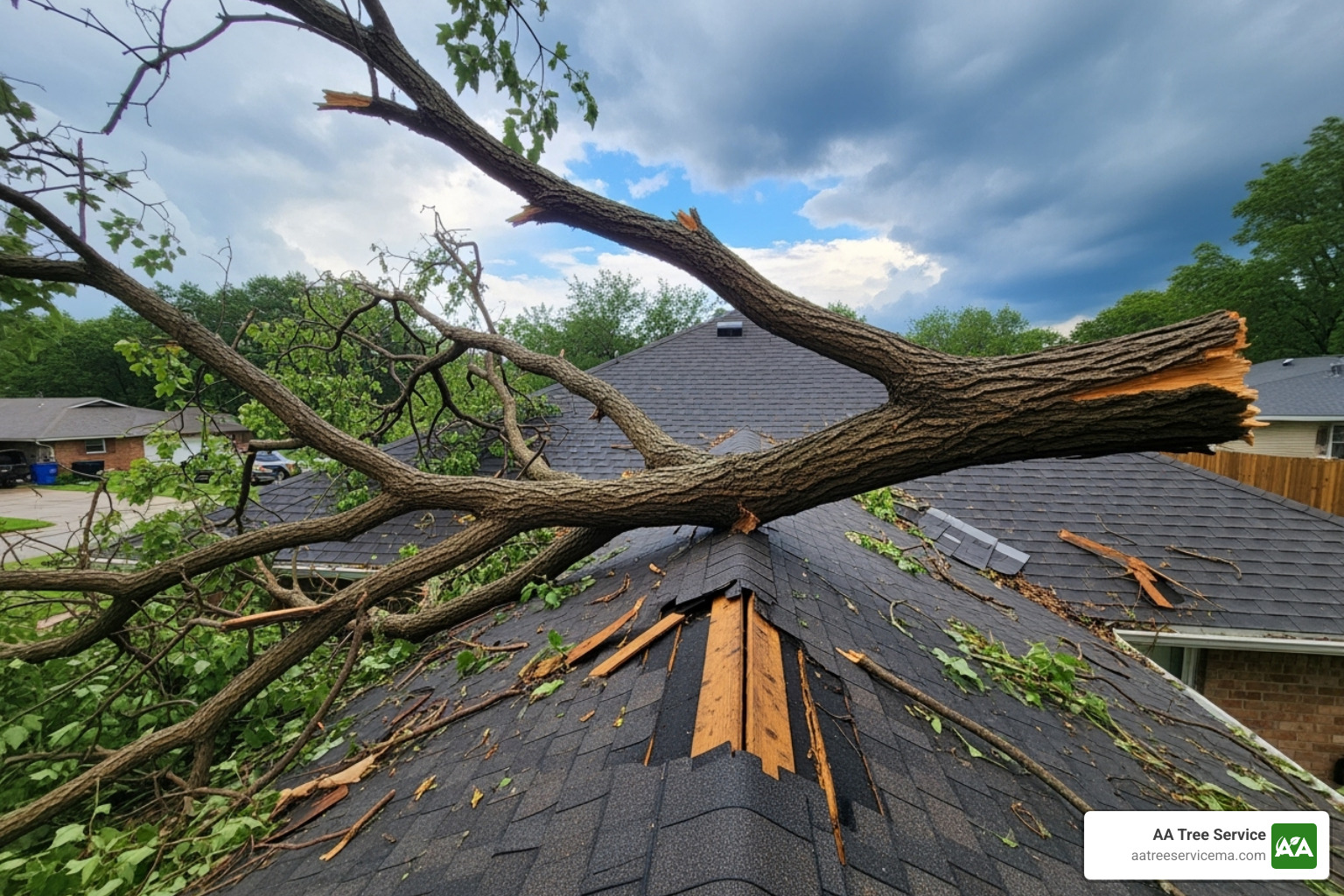 Large tree branch that has fallen on a roof during a storm - tree removal ma