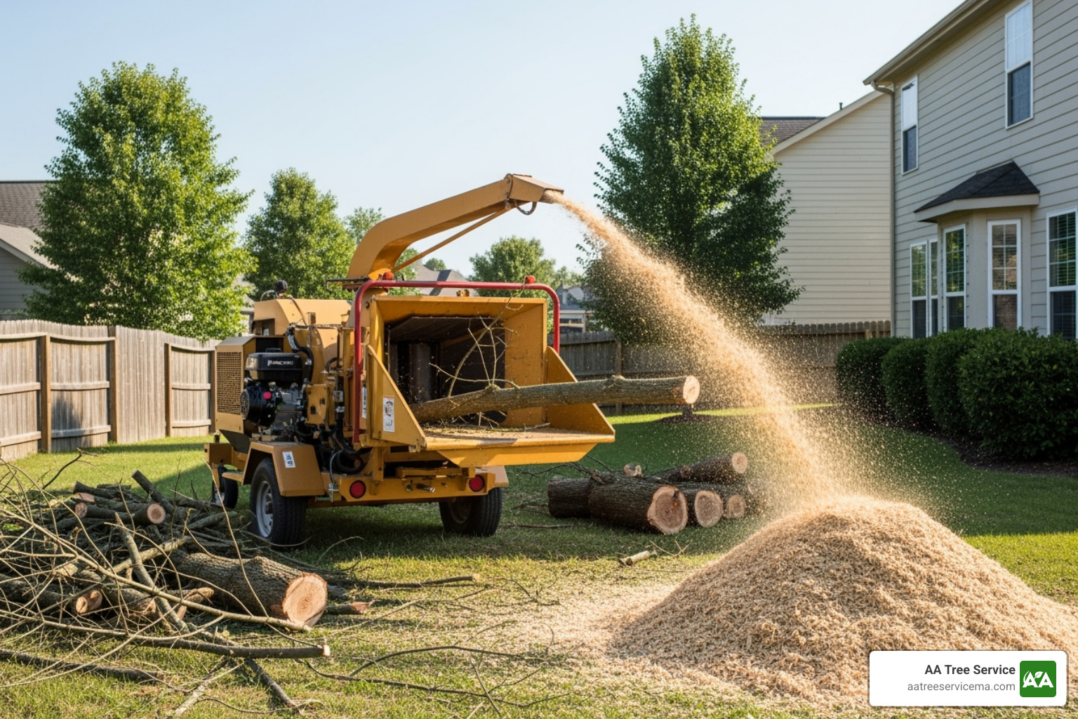 Professional tree service crew using a wood chipper on-site - tree removal ma
