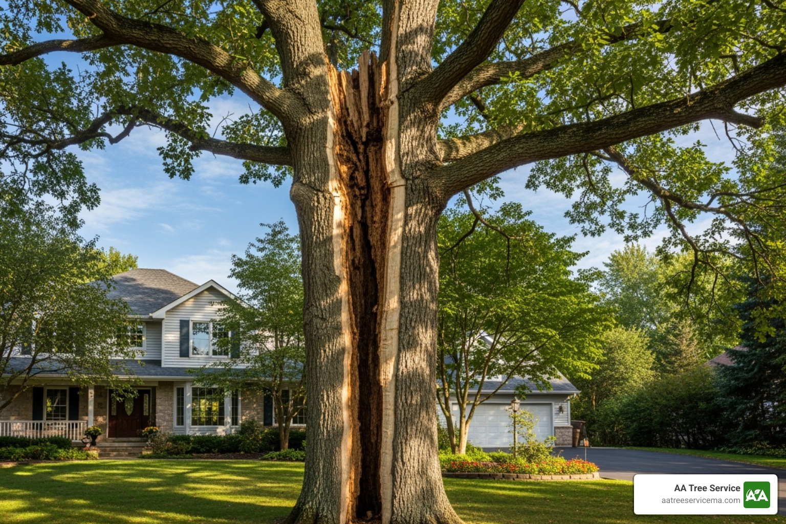 Large tree with a visible crack down its trunk near a house - tree removal ma