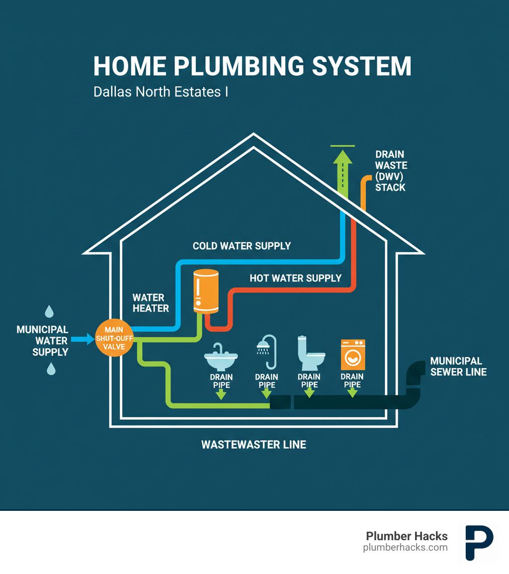 Infographic showing the main components of a home plumbing system including water supply lines, drain waste vent system, water heater, main shut-off valve, fixtures like sinks and toilets, and the connection to municipal water and sewer lines - plumbing services dallas north estates i infographic 