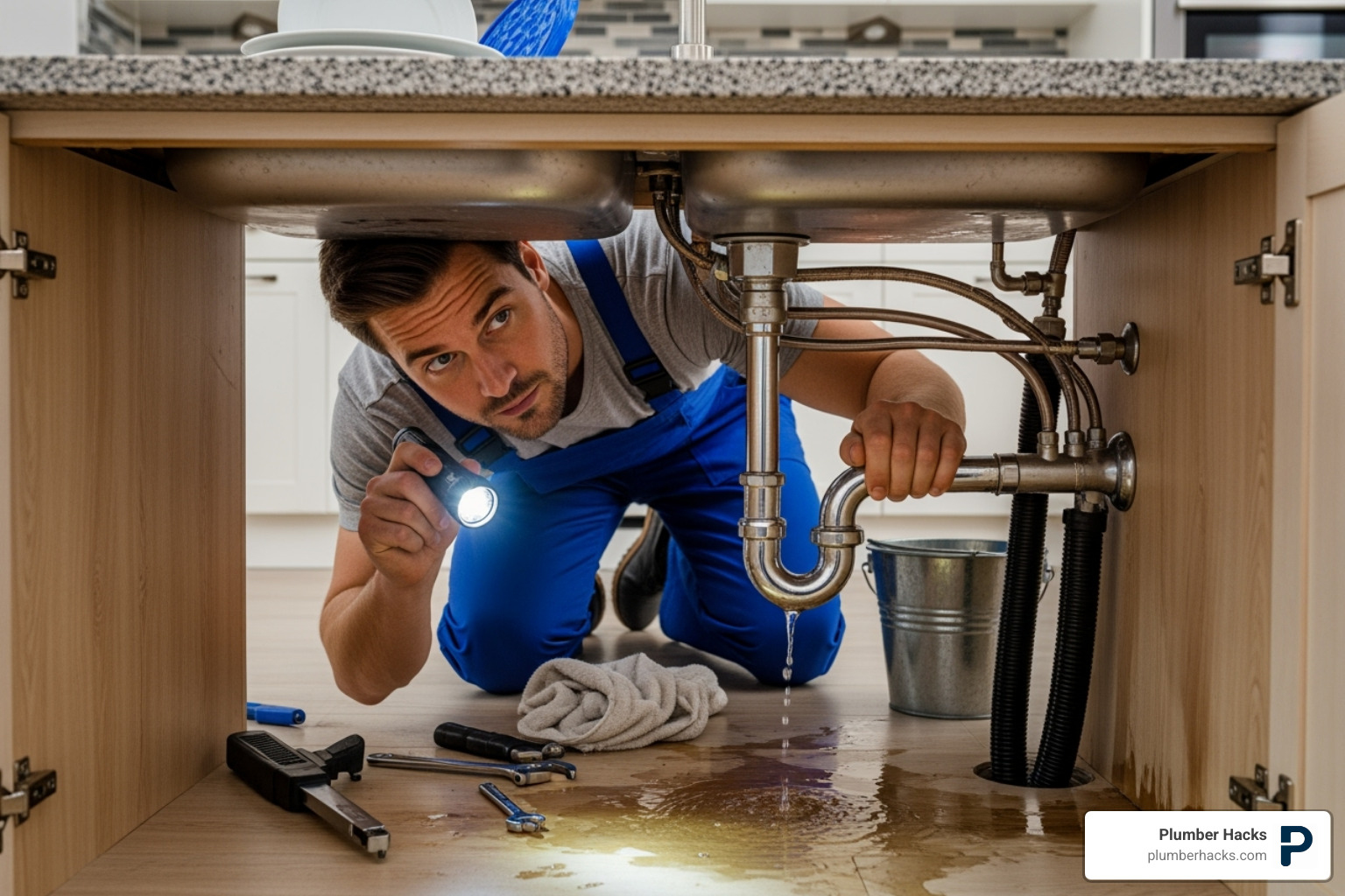 Plumber inspecting a leaky pipe under a sink - plumbing services dallas north estates i