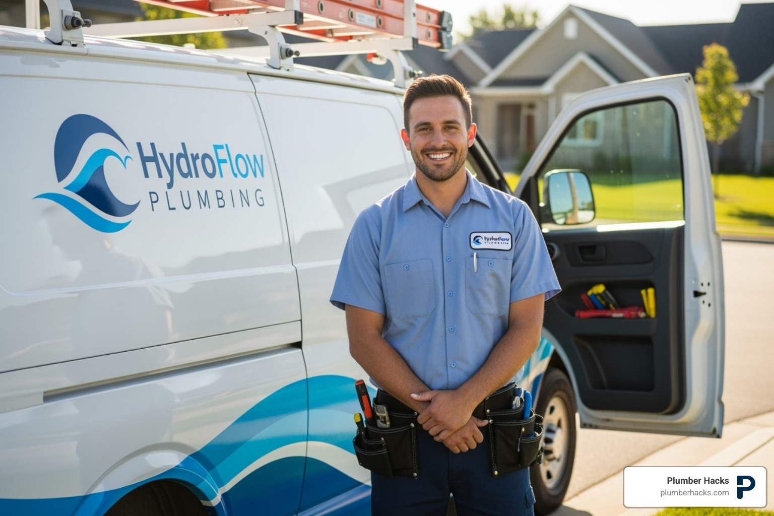 A friendly, professional plumber smiling next to a branded service van - plumbing services dallas north estates i