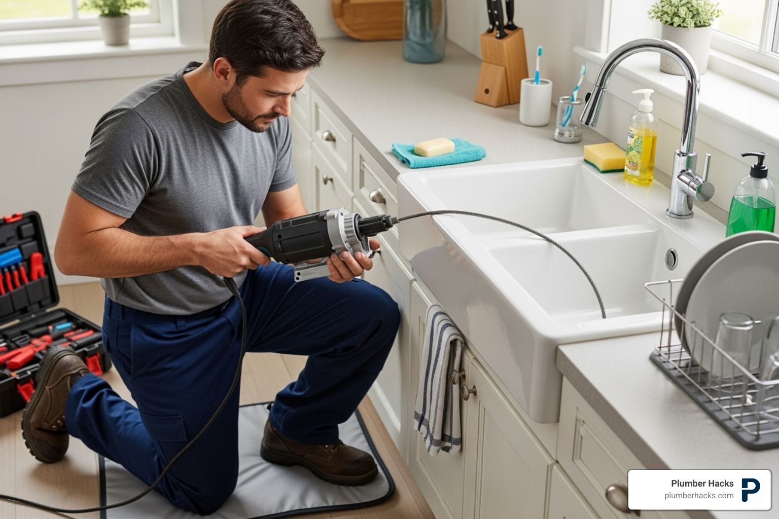 Plumber using a drain snake to clear a clogged pipe - plumbing services dallas north estates i