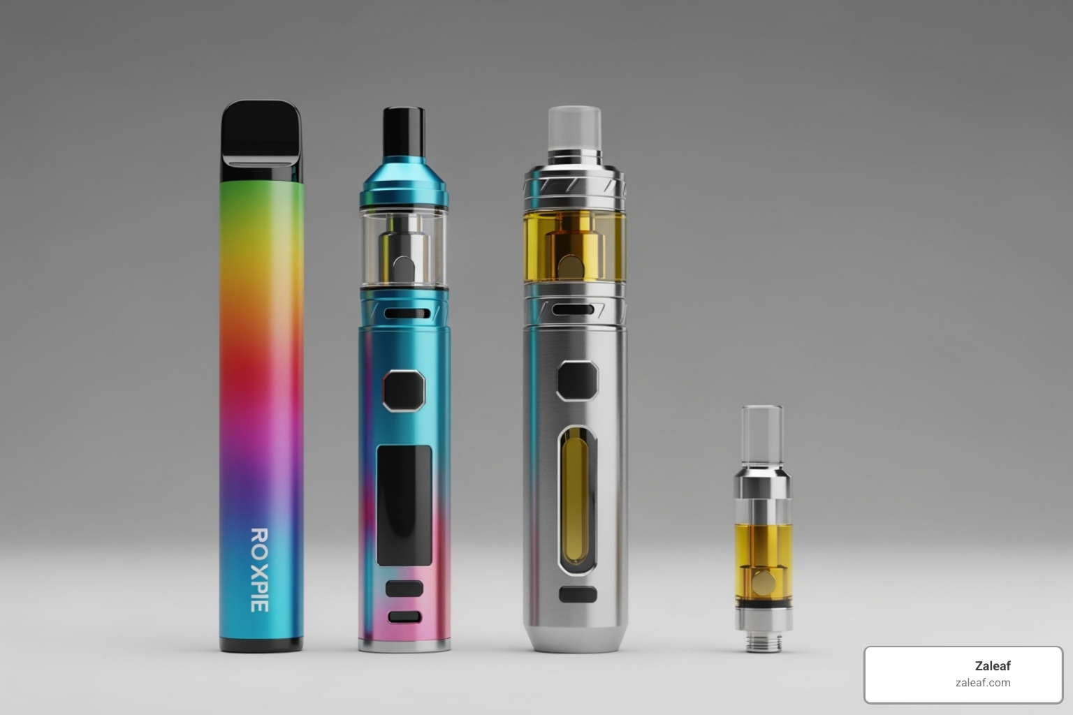 Lineup of different vape types: a disposable pen, a refillable pen, and a cartridge - CBD vape guide