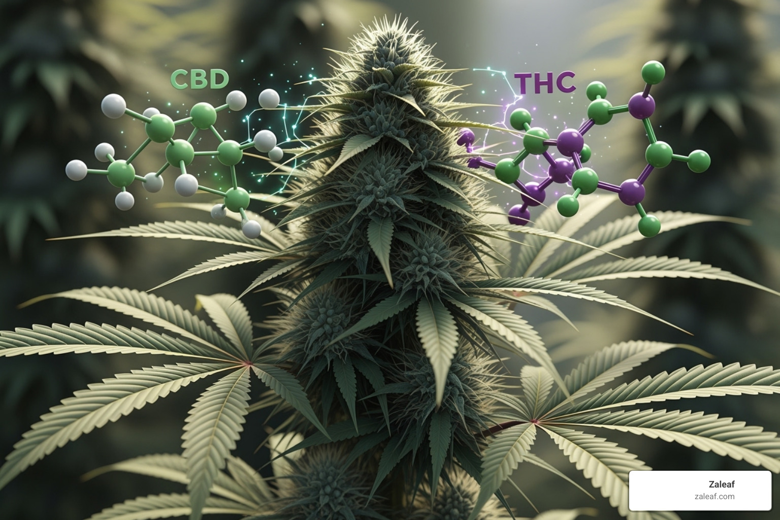 Cannabis plant with callouts for CBD and THC molecules - CBD vape guide