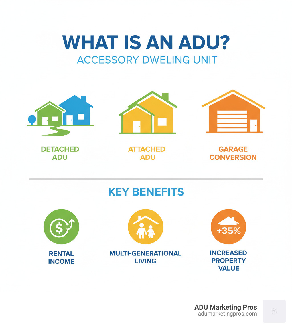 Infographic explaining what an Accessory Dwelling Unit (ADU) is, showing different types (detached, attached, garage conversion) and listing key benefits like rental income, multi-generational living, and increased property value. - Home equity ADU infographic Infographic explaining what an Accessory Dwelling Unit (ADU) is, showing different types (detached, attached, garage conversion) and listing key benefits like rental income, multi-generational living, and increased property value. - Home equity ADU infographic