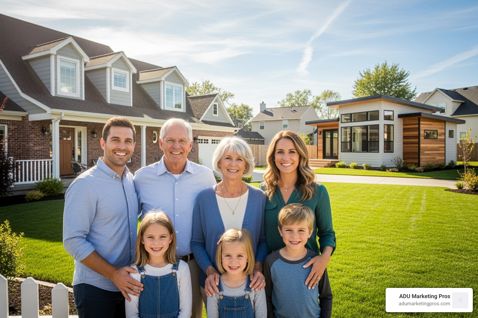 A smiling multi-generational family standing proudly in front of their home with a newly built ADU in the backyard. - Home equity ADU A smiling multi-generational family standing proudly in front of their home with a newly built ADU in the backyard. - Home equity ADU