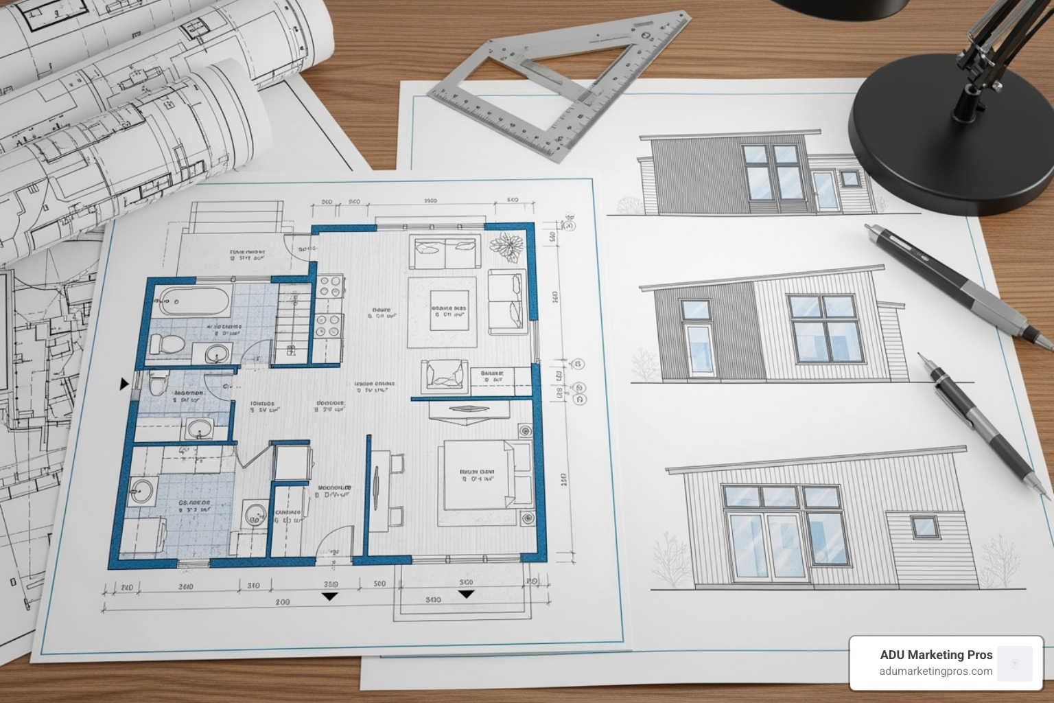 An architectural blueprint for a modern ADU project, complete with detailed floor plans and elevations, laid out on a professional's desk. - Home equity ADU An architectural blueprint for a modern ADU project, complete with detailed floor plans and elevations, laid out on a professional's desk. - Home equity ADU