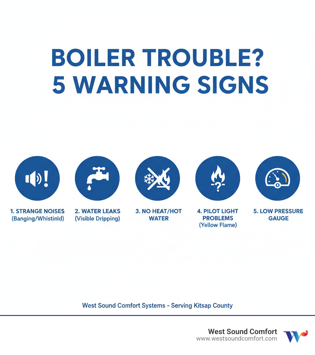 Infographic showing five warning signs of a failing boiler: 1) Strange noises like banging or whistling, 2) Visible water leaks or dripping, 3) No heat or hot water production, 4) Pilot light problems or yellow flame, 5) Low pressure gauge readings - boiler broken in bremerton, wa infographic  Infographic showing five warning signs of a failing boiler: 1) Strange noises like banging or whistling, 2) Visible water leaks or dripping, 3) No heat or hot water production, 4) Pilot light problems or yellow flame, 5) Low pressure gauge readings - boiler broken in bremerton, wa infographic