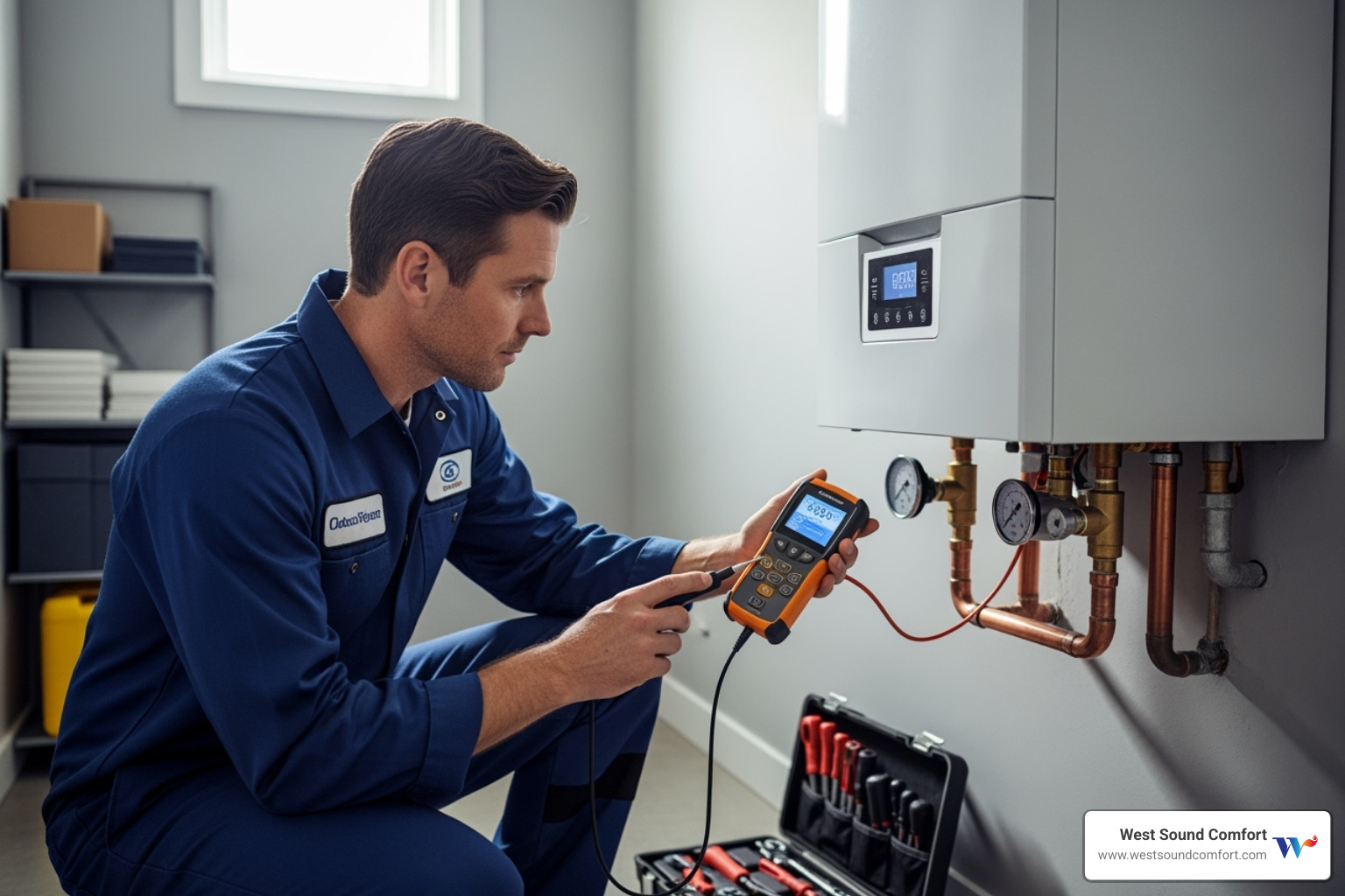 professional HVAC technician inspecting a boiler - boiler making noise in poulsbo, wa professional HVAC technician inspecting a boiler - boiler making noise in poulsbo, wa