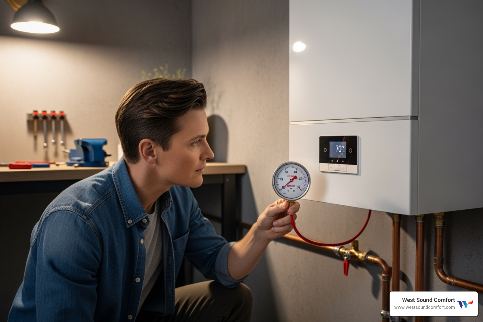 homeowner checking boiler pressure gauge - boiler making noise in poulsbo, wa homeowner checking boiler pressure gauge - boiler making noise in poulsbo, wa