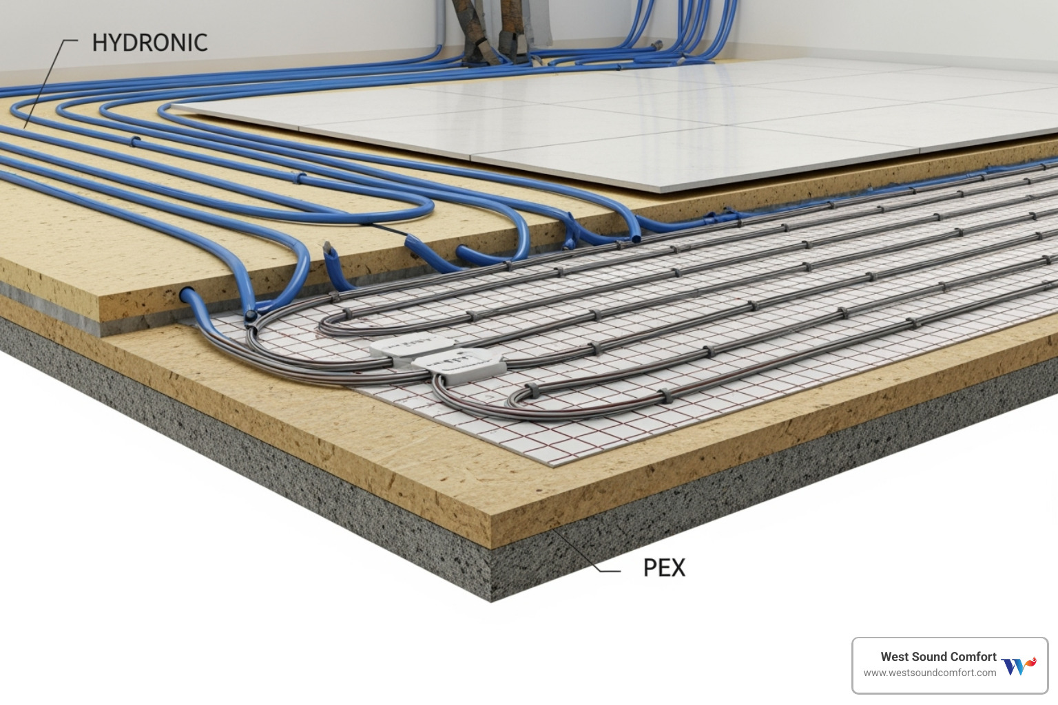 cross-section of hydronic tubes and electric mats under flooring - licensed radiant floor heating contractor in poulsbo, wa cross-section of hydronic tubes and electric mats under flooring - licensed radiant floor heating contractor in poulsbo, wa