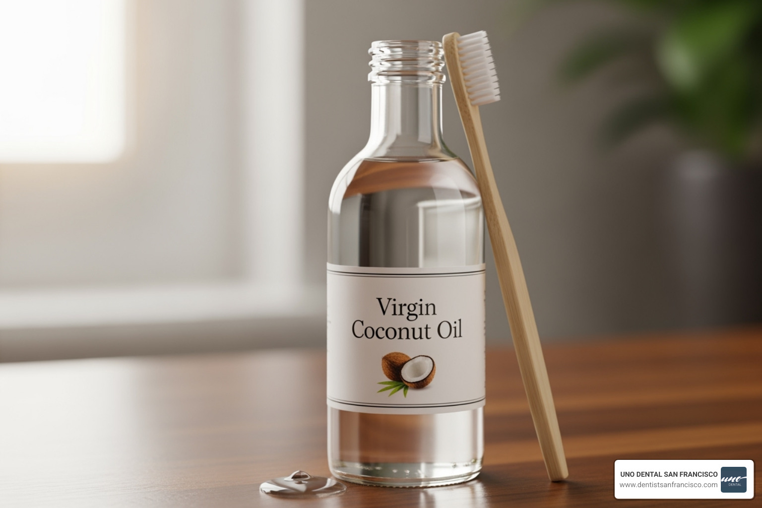 a bottle of coconut oil next to a toothbrush - Prevent cavities naturally a bottle of coconut oil next to a toothbrush - Prevent cavities naturally