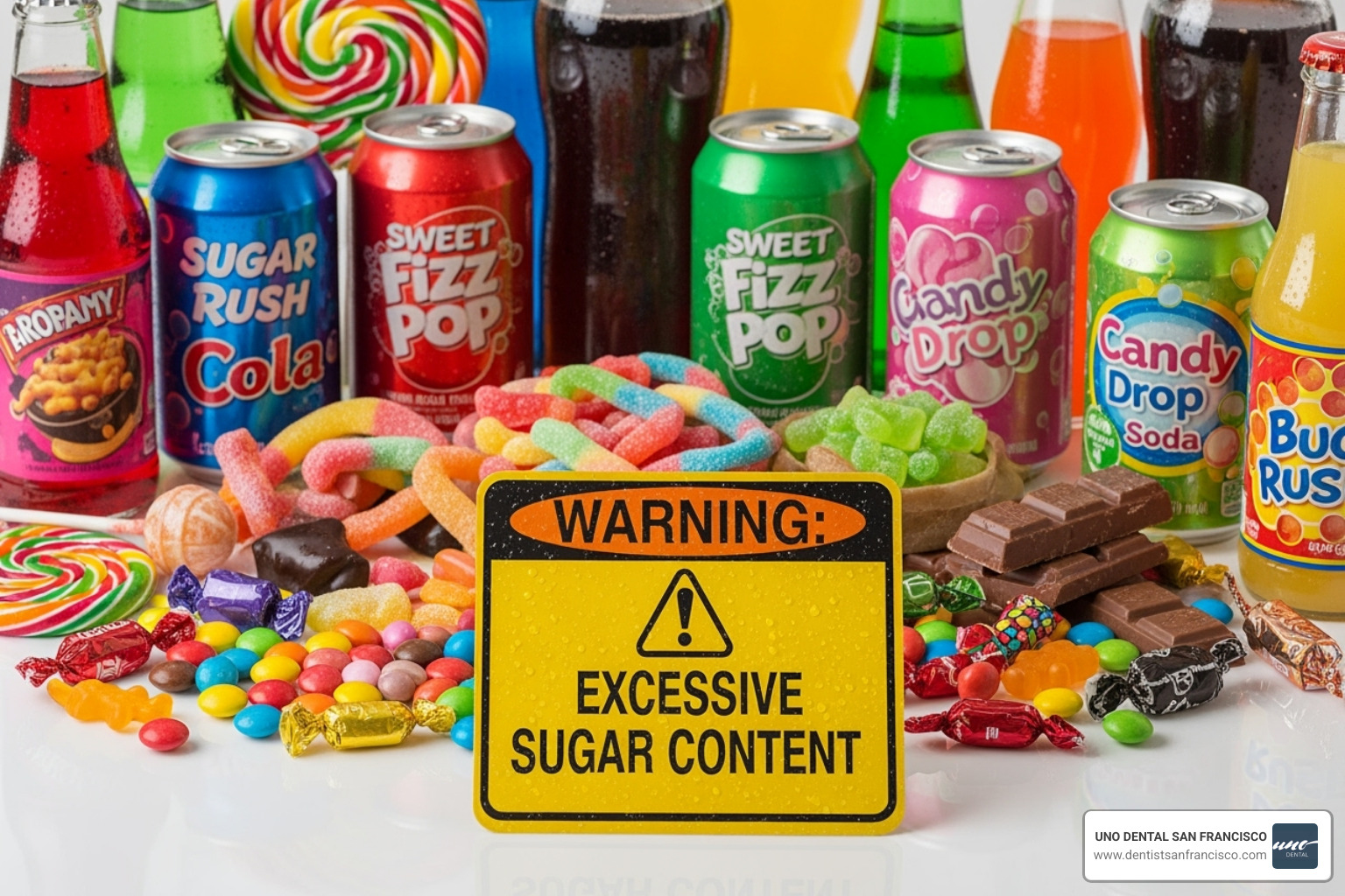 sugary sodas and sticky candies with a caution sign - Prevent cavities naturally sugary sodas and sticky candies with a caution sign - Prevent cavities naturally