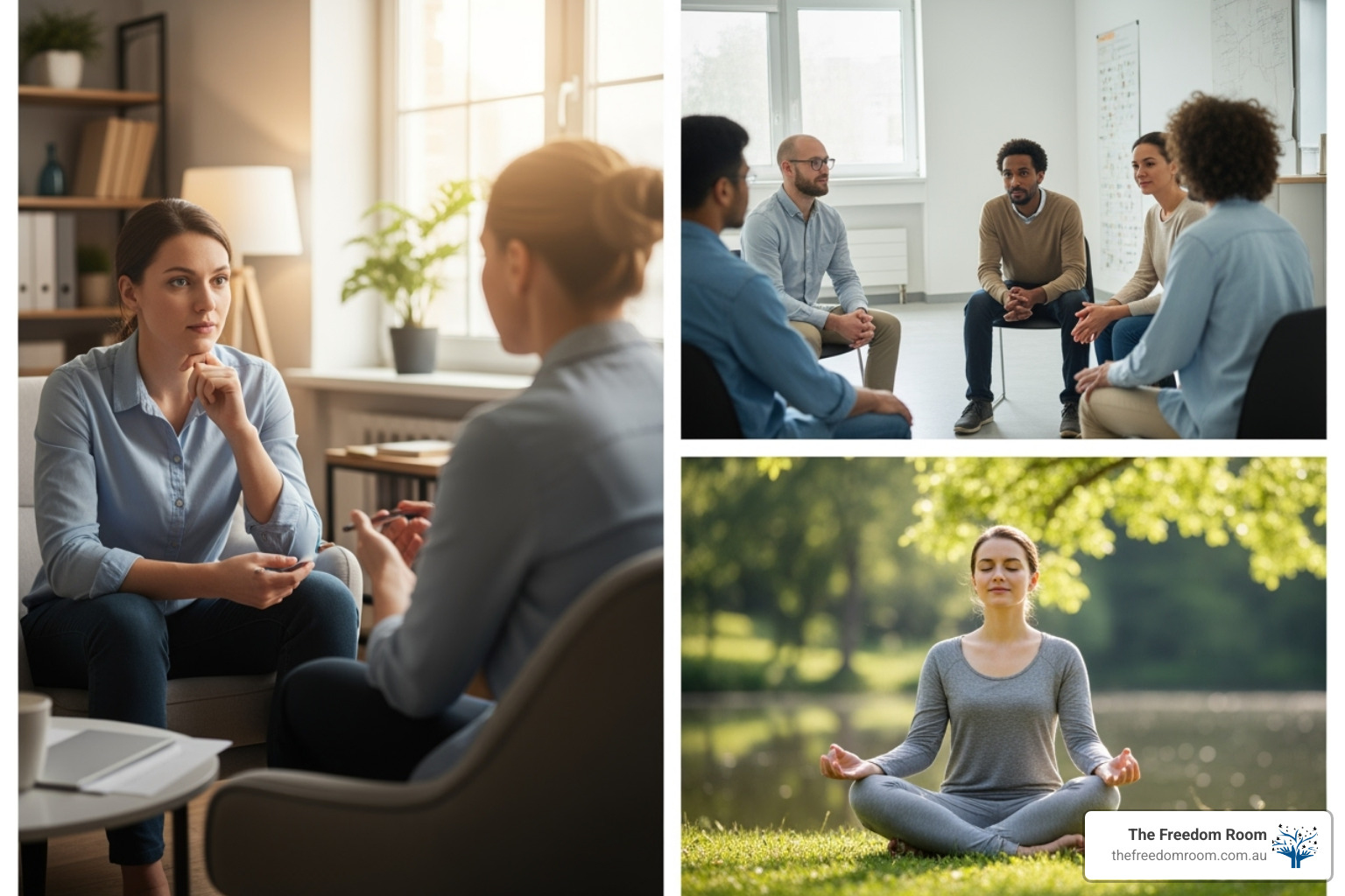 Image showing various therapy settings, such as individual counselling, group therapy sessions, and a mindfulness class in a calming environment - drug alcohol recovery