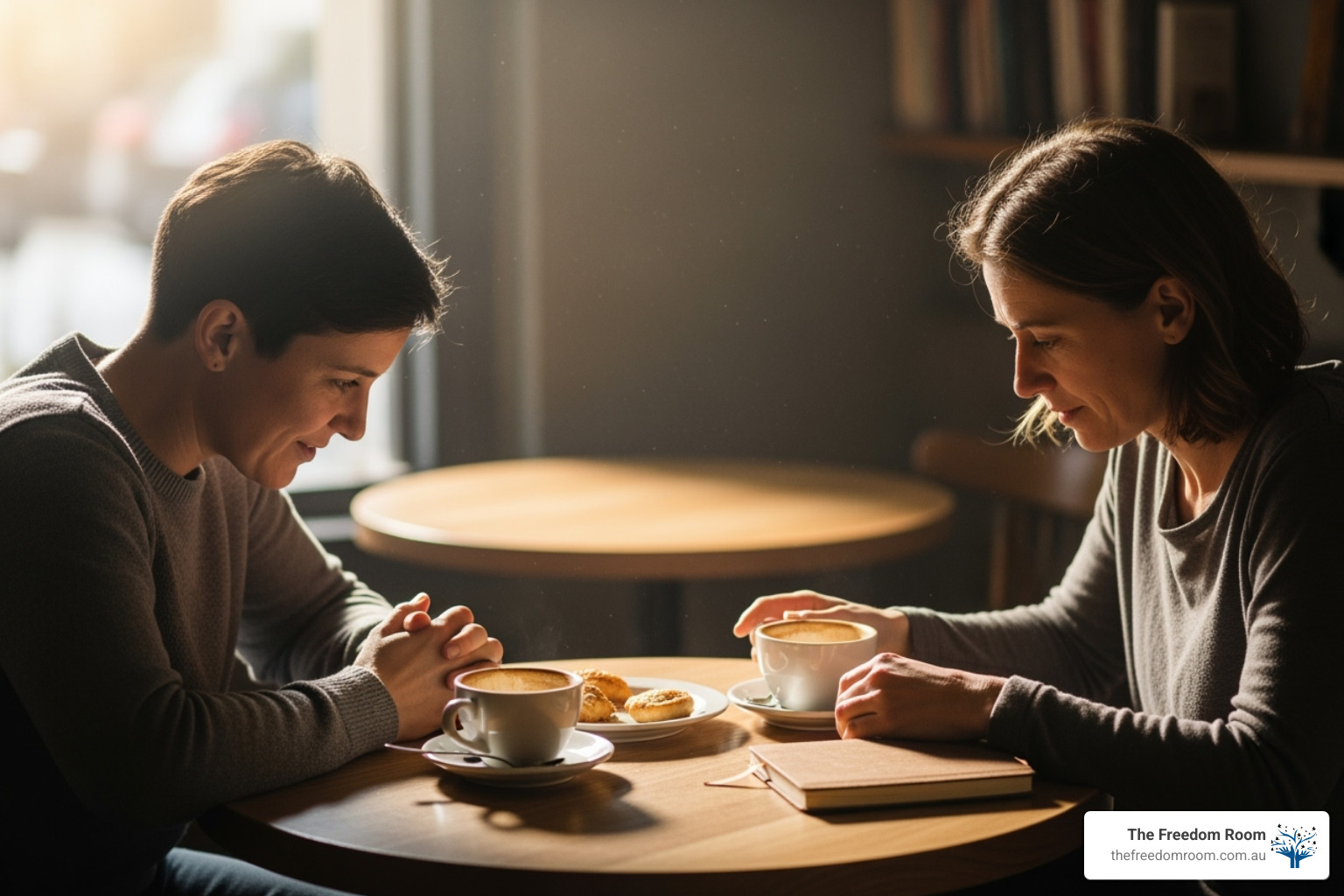 Two people having a serious, caring talk about the issue, an example of how to help alcoholic friends and family.