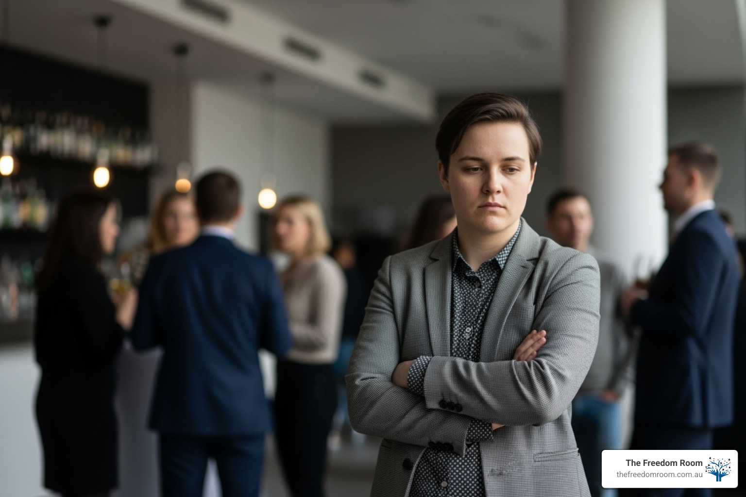 Individual standing alone with arms crossed in a crowd, demonstrating the social challenges and the question of how to help alcoholic people.