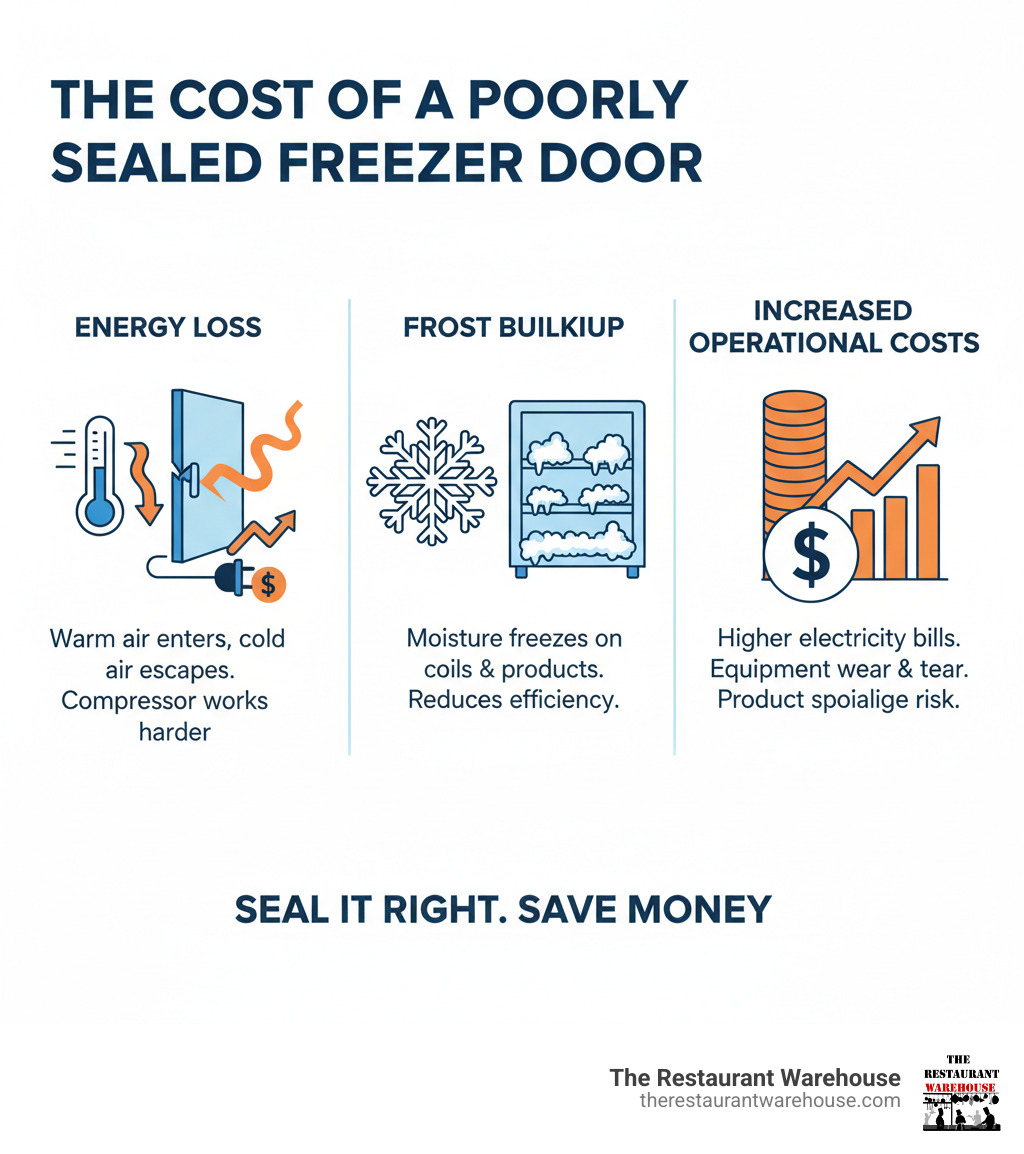 Infographic explaining how a poorly sealed freezer door leads to energy loss, frost buildup, and increased operational costs. - walk in freezer door infographic 