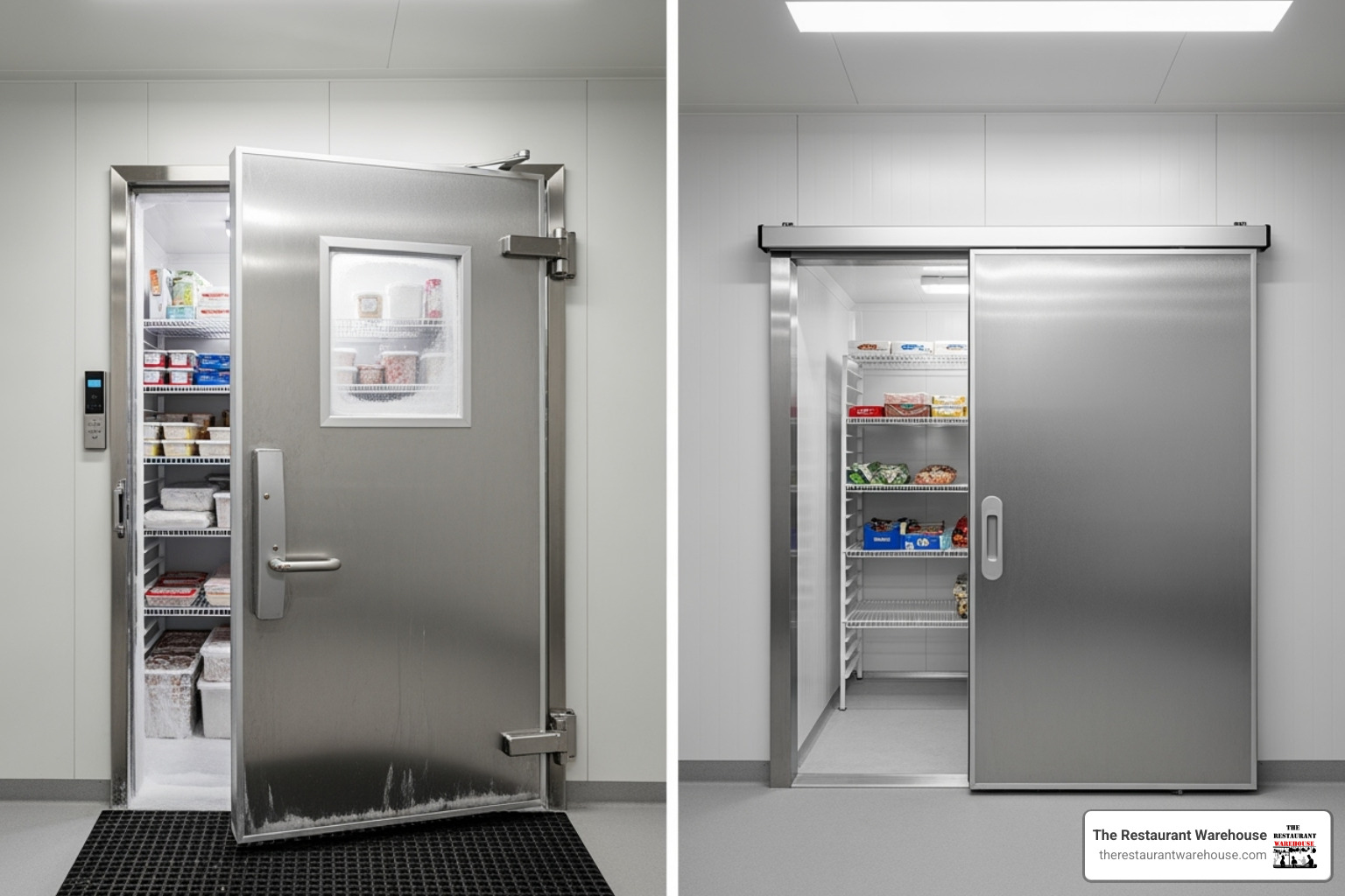 comparing a side-by-side view of a swinging walk-in door and a sliding walk-in door. - walk in freezer door