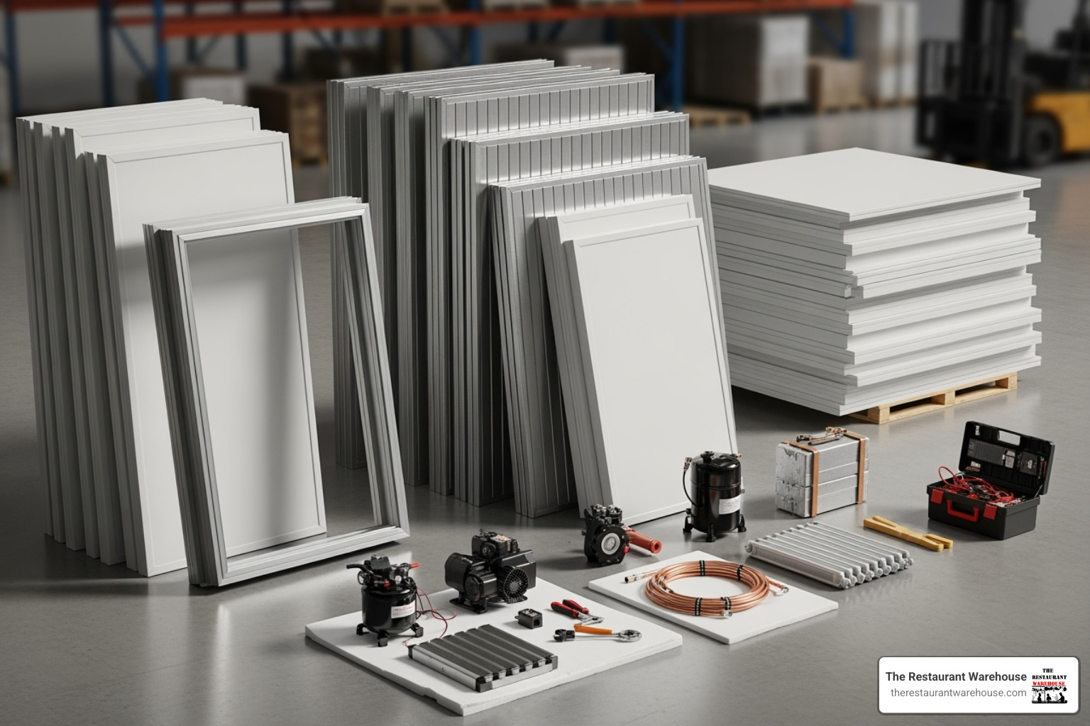 Walk-in cooler panels, doors, and refrigeration unit displayed before assembly - Walk in cooler cost