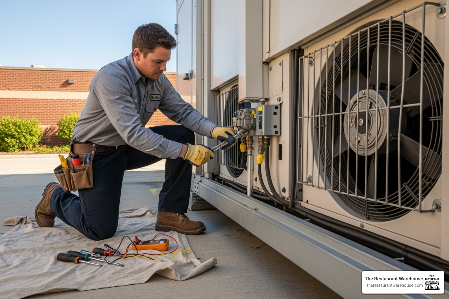 Technician performing maintenance on a walk-in cooler condenser unit - Walk in cooler cost
