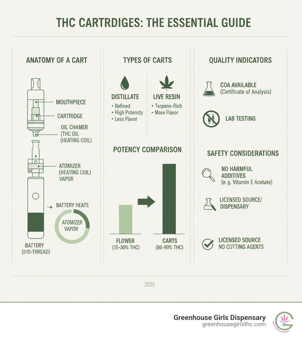 infographic showing the anatomy of a THC cart (cartridge components, battery, how vapor is produced), types of carts (distillate vs live resin), potency comparison (80-90% THC in carts vs 15-30% in flower), key safety considerations (lab testing, avoid black market, watch for additives), and signs of quality products (COA available, licensed source, no cutting agents) - thc carts infographic infographic showing the anatomy of a THC cart (cartridge components, battery, how vapor is produced), types of carts (distillate vs live resin), potency comparison (80-90% THC in carts vs 15-30% in flower), key safety considerations (lab testing, avoid black market, watch for additives), and signs of quality products (COA available, licensed source, no cutting agents) - thc carts infographic