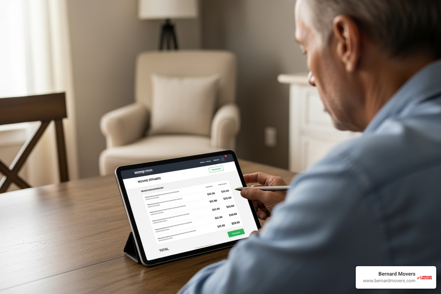 homeowner getting moving estimate on tablet - full service moving cost estimate homeowner getting moving estimate on tablet - full service moving cost estimate