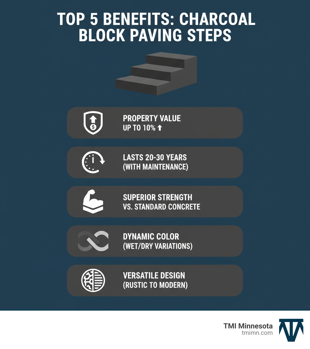 Infographic showing the top 5 benefits of charcoal block paving steps: 1) Increases property value by up to 10%, 2) Lasts 20-30 years with proper maintenance, 3) Superior compressive strength compared to standard concrete, 4) Dynamic color variations from wet to dry conditions, 5) Versatile design options from rustic tumbled finishes to sleek modern styles - charcoal block paving step infographic Infographic showing the top 5 benefits of charcoal block paving steps: 1) Increases property value by up to 10%, 2) Lasts 20-30 years with proper maintenance, 3) Superior compressive strength compared to standard concrete, 4) Dynamic color variations from wet to dry conditions, 5) Versatile design options from rustic tumbled finishes to sleek modern styles - charcoal block paving step infographic