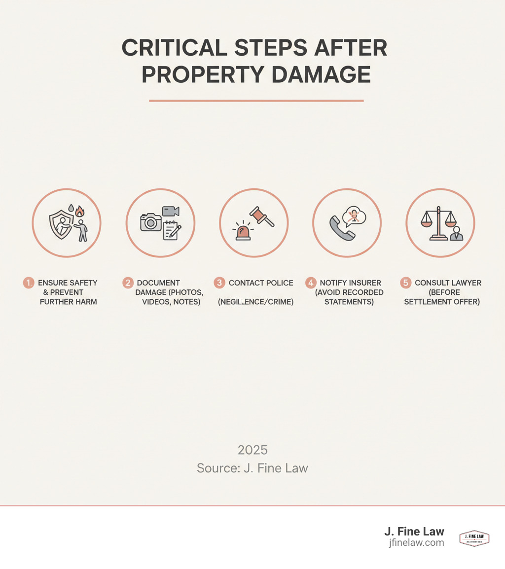 Infographic showing 5 critical steps after property damage: 1. Ensure everyone's safety and prevent further damage 2. Document all damage with photos, videos, and detailed notes 3. Contact police if damage resulted from negligence or crime 4. Notify your insurance company but avoid recorded statements 5. Consult a property damage lawyer before accepting any settlement offer - property damage lawyer philadelphia infographic Infographic showing 5 critical steps after property damage: 1. Ensure everyone's safety and prevent further damage 2. Document all damage with photos, videos, and detailed notes 3. Contact police if damage resulted from negligence or crime 4. Notify your insurance company but avoid recorded statements 5. Consult a property damage lawyer before accepting any settlement offer - property damage lawyer philadelphia infographic