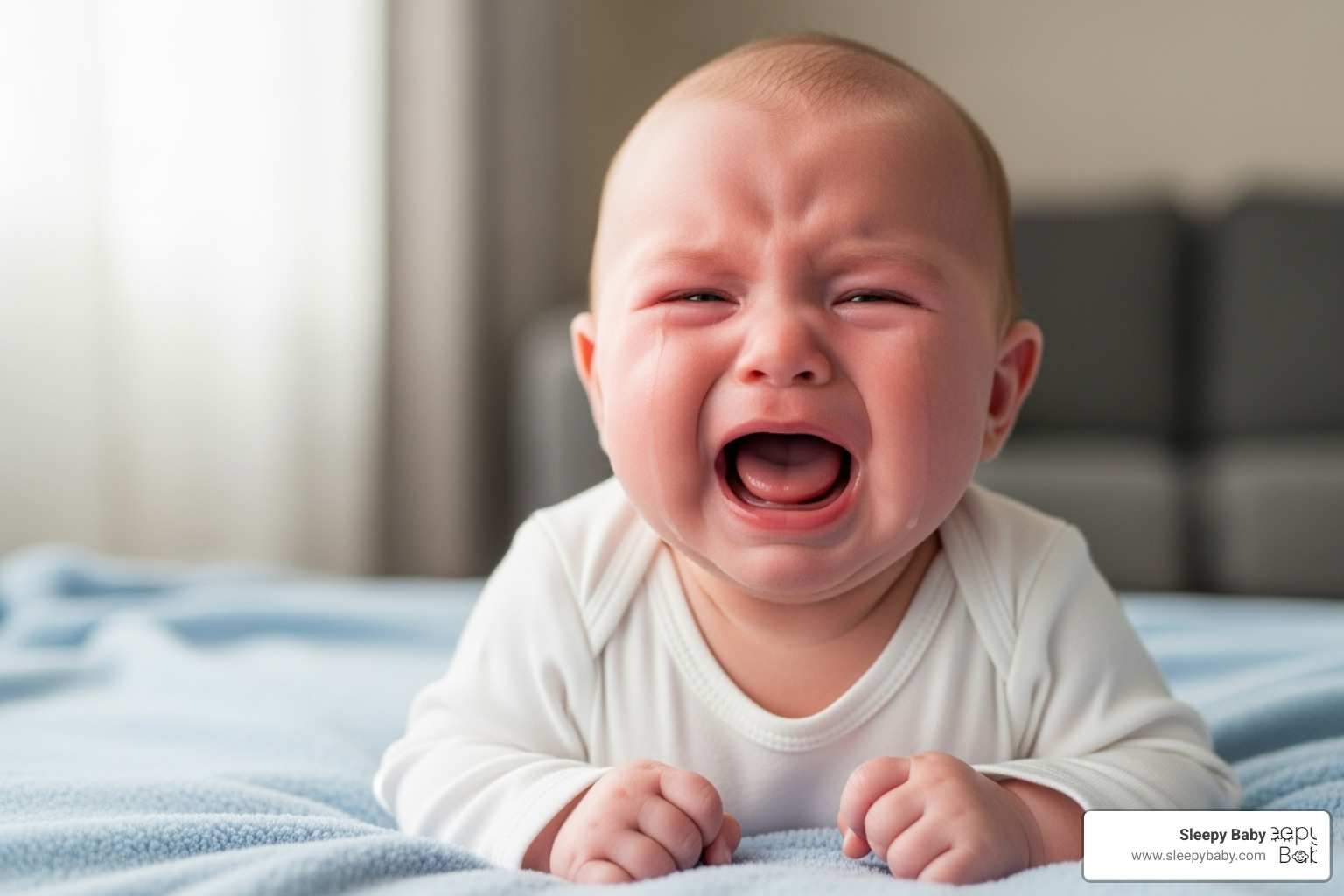 A baby showing classic colic posture with arched back and clenched fists while crying - baby colic