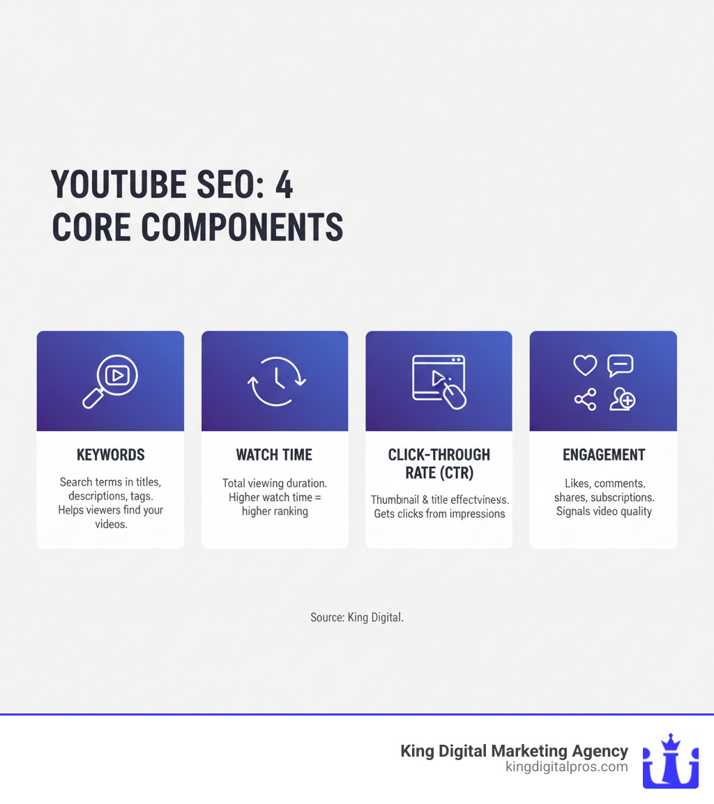 Infographic showing the four core components of YouTube SEO: Keywords (search terms in titles, descriptions, tags), Watch Time (total viewing duration), Click-Through Rate (thumbnail and title effectiveness), and Engagement (likes, comments, shares, subscriptions). Each component is illustrated with icons and brief explanations of how it impacts video rankings. - YouTube SEO infographic 