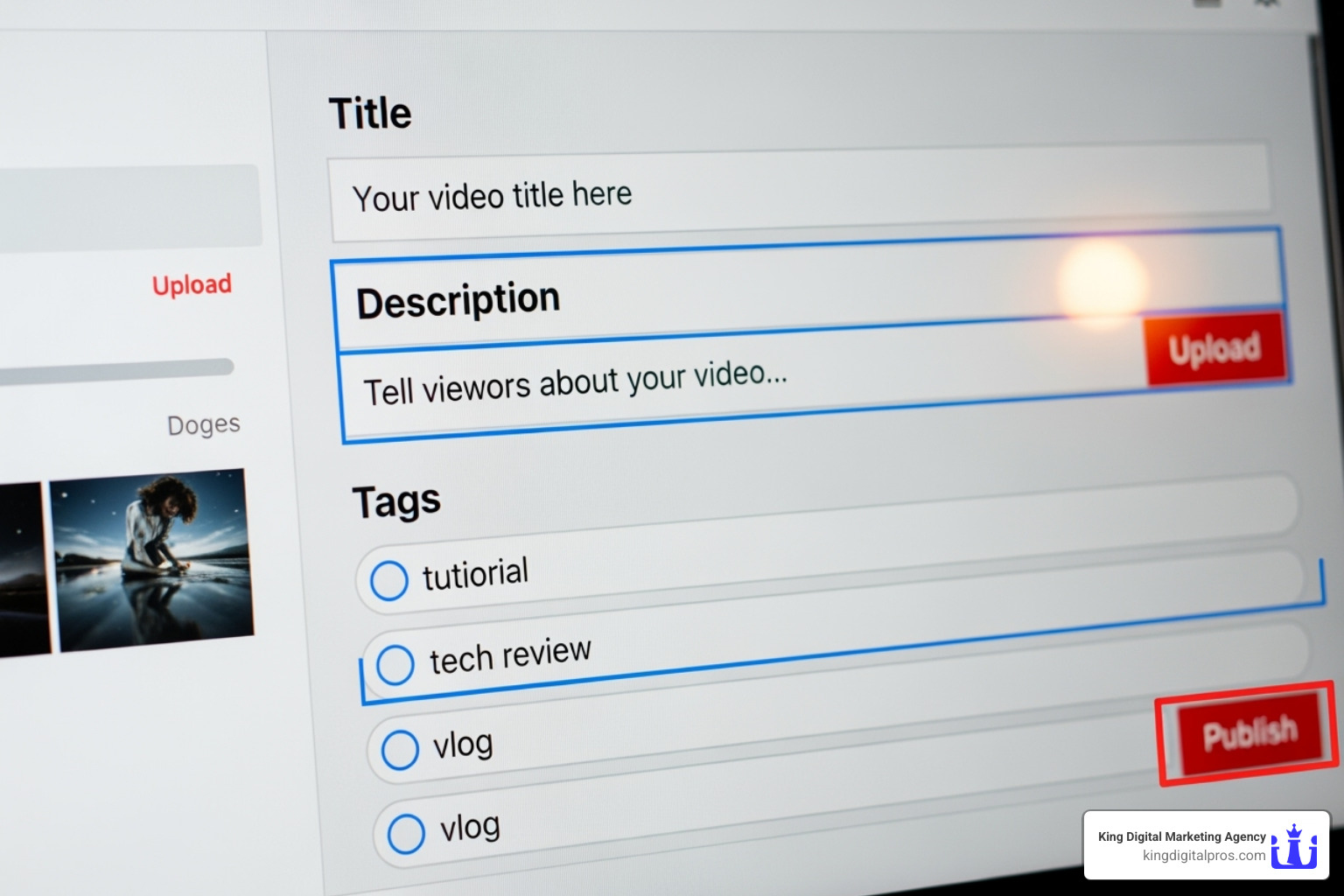 YouTube video upload screen highlighting title, description, and tags - YouTube SEO