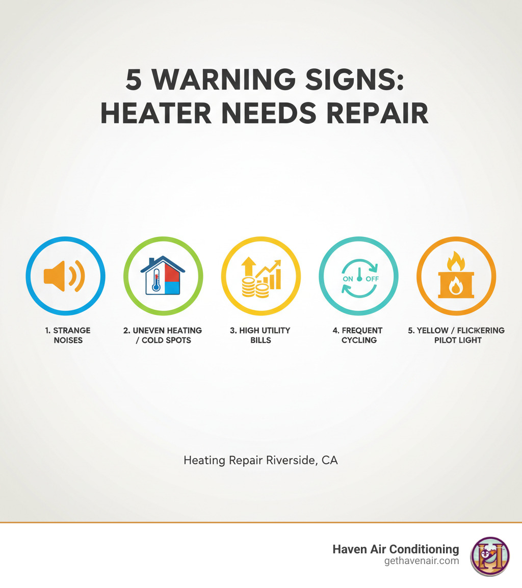 infographic showing five warning signs your heater needs professional repair including strange banging or rattling noises, uneven heating with cold spots in rooms, unexplained increases in monthly utility bills, frequent on-off cycling of the system, and a yellow or flickering pilot light flame - heating repair riverside ca infographic infographic showing five warning signs your heater needs professional repair including strange banging or rattling noises, uneven heating with cold spots in rooms, unexplained increases in monthly utility bills, frequent on-off cycling of the system, and a yellow or flickering pilot light flame - heating repair riverside ca infographic