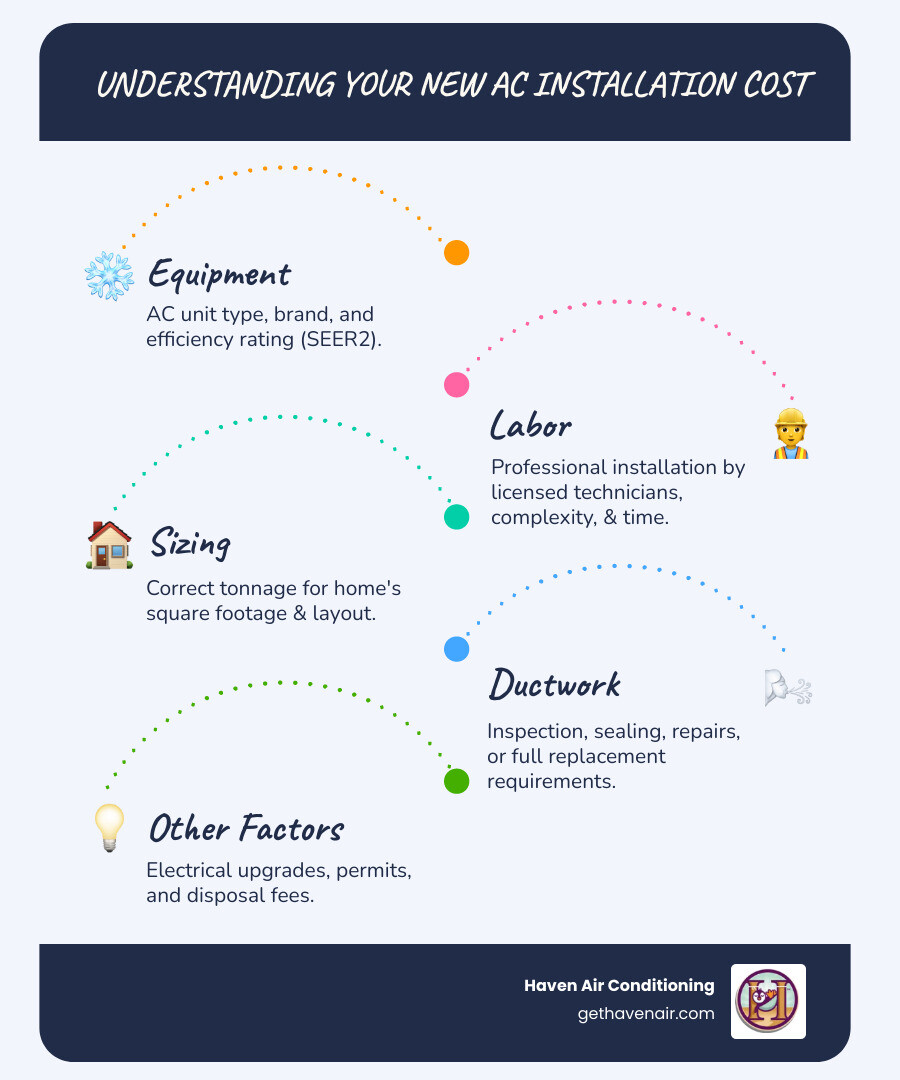 Infographic showing five main cost components of AC installation: Equipment (unit type, brand, efficiency), Labor (complexity, time, expertise), Size (tonnage matched to home), Ductwork (inspection, sealing, modifications), and Additional Factors (electrical upgrades, permits, disposal fees) - new ac installation cost infographic infographic-line-5-steps-blues-accent_colors Infographic showing five main cost components of AC installation: Equipment (unit type, brand, efficiency), Labor (complexity, time, expertise), Size (tonnage matched to home), Ductwork (inspection, sealing, modifications), and Additional Factors (electrical upgrades, permits, disposal fees) - new ac installation cost infographic infographic-line-5-steps-blues-accent_colors