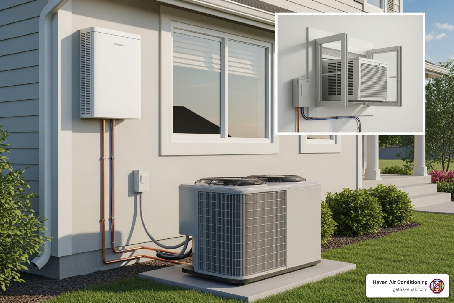 three different types of AC units: a central air condenser, a ductless mini-split, and a window unit, all installed correctly - ac permit