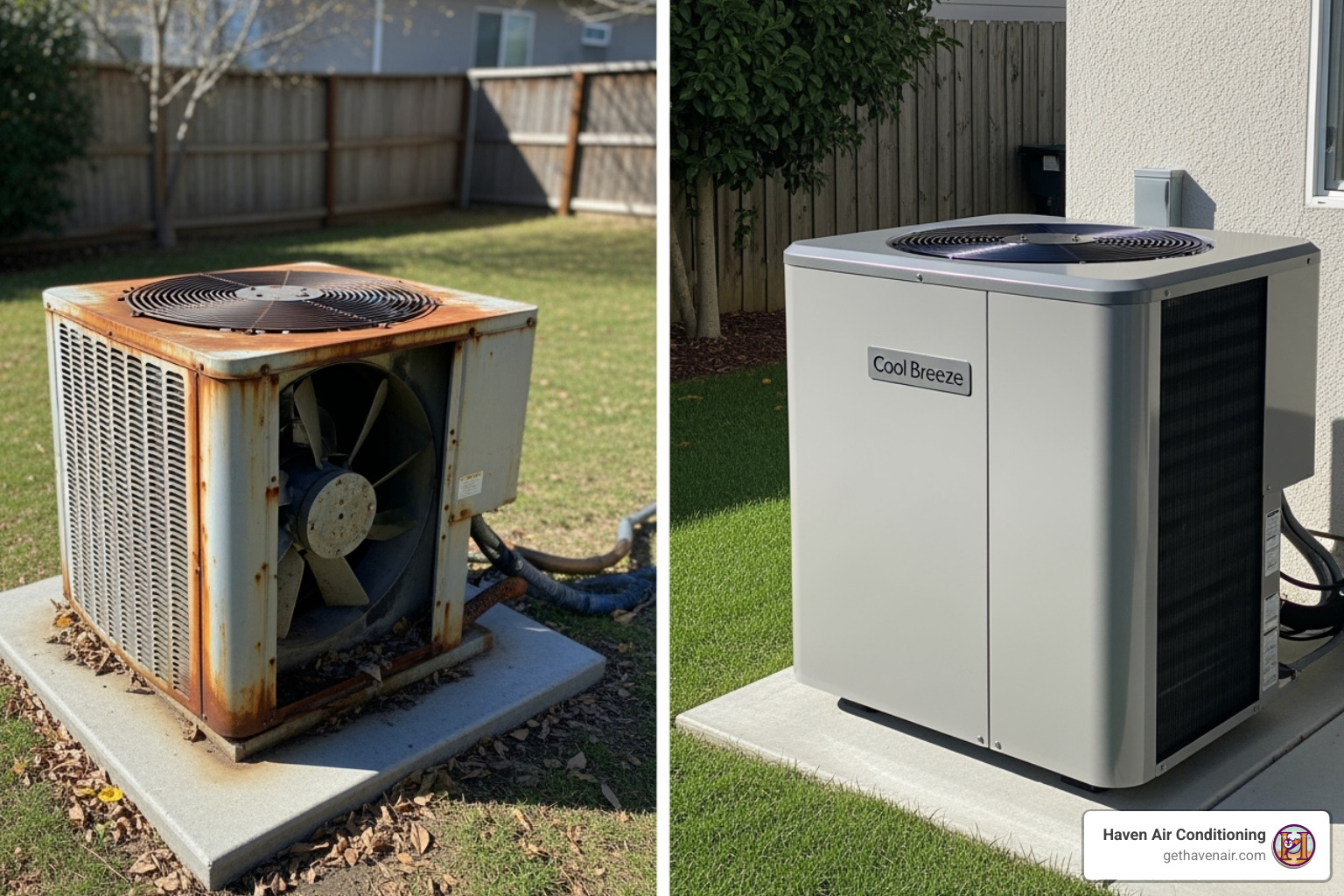 Image comparing an old, rusty AC unit with a new, sleek, and modern AC unit - new ac installation cost Image comparing an old, rusty AC unit with a new, sleek, and modern AC unit - new ac installation cost