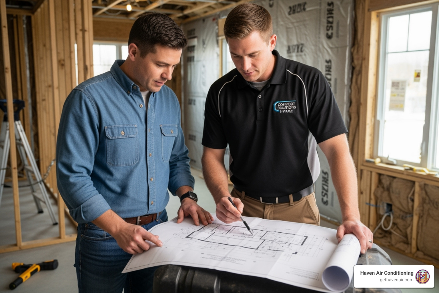 a homeowner and a technician looking over a blueprint or plan for an AC installation, pointing to details on the drawing - ac permit
