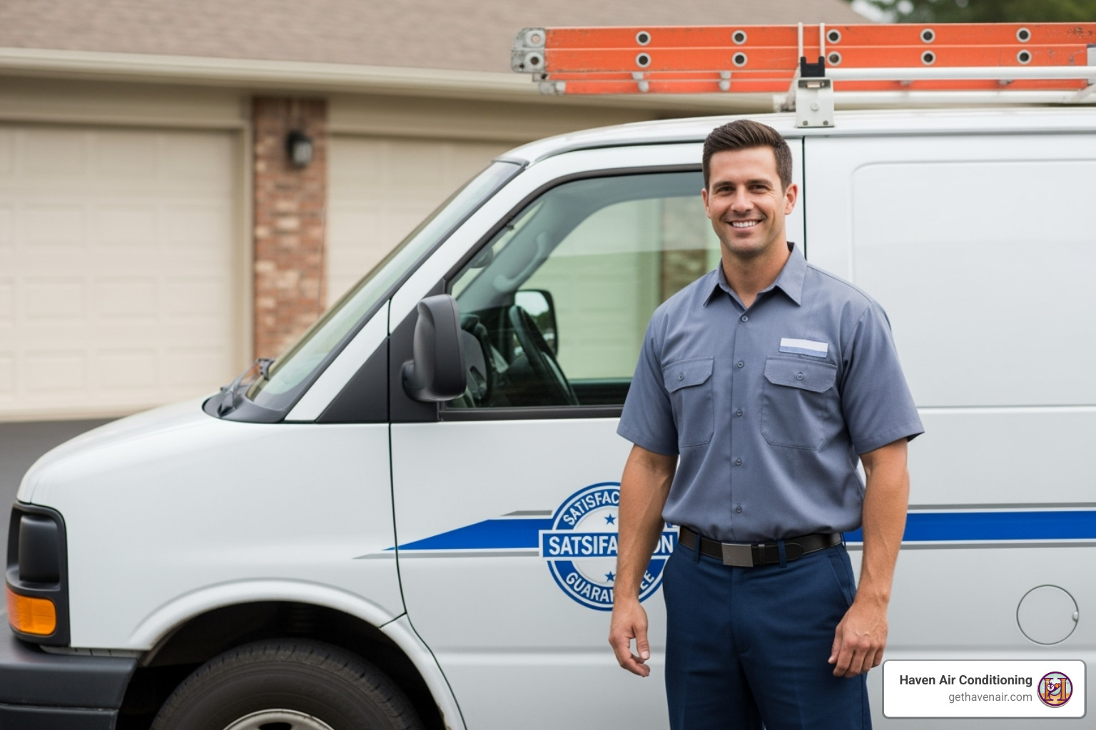 friendly HVAC technician with a van showing a satisfaction guarantee badge - hvac repair riverside ca friendly HVAC technician with a van showing a satisfaction guarantee badge - hvac repair riverside ca