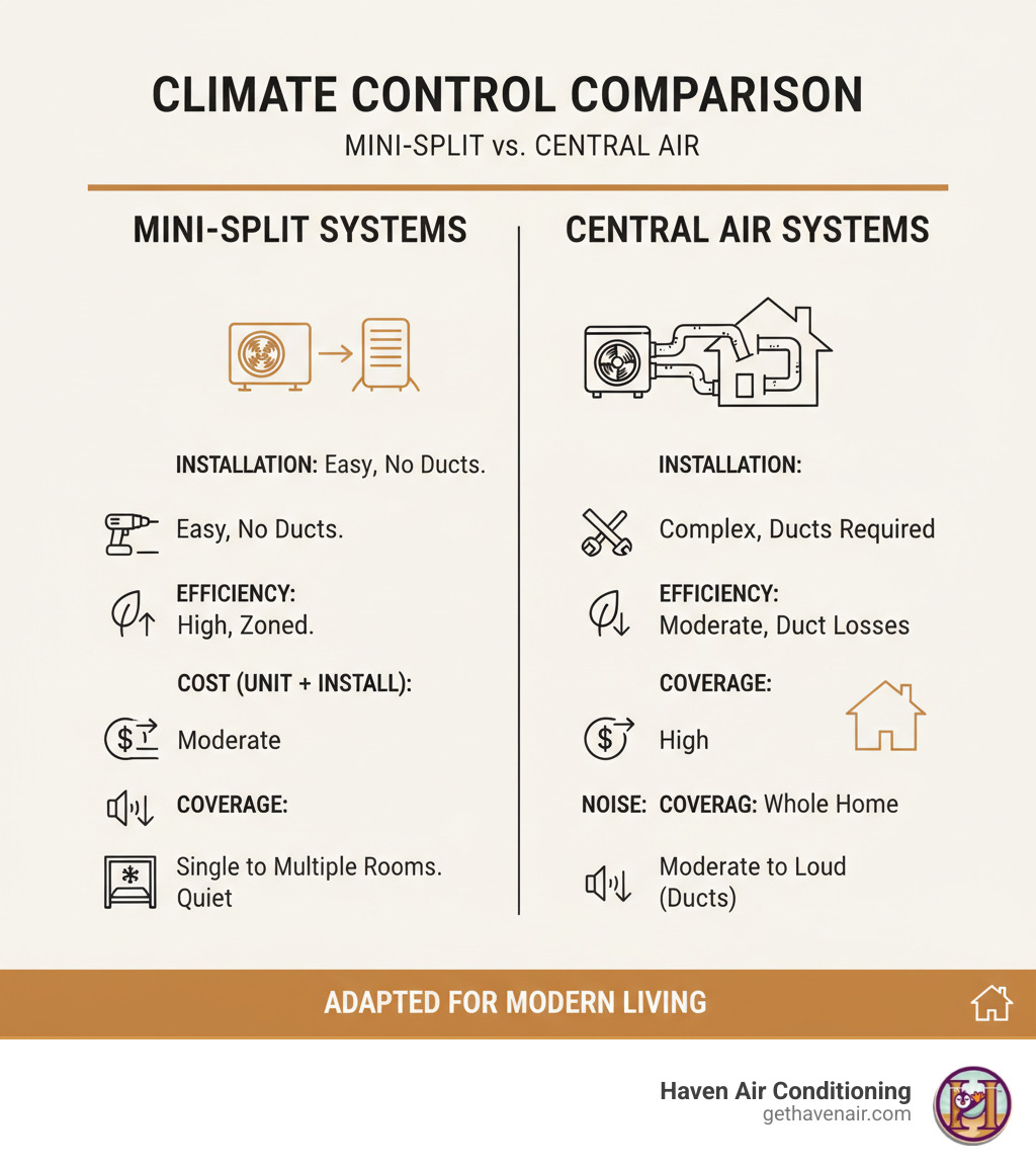 Comparison of Mini-Splits to Central Air on key features - mini splits infographic 