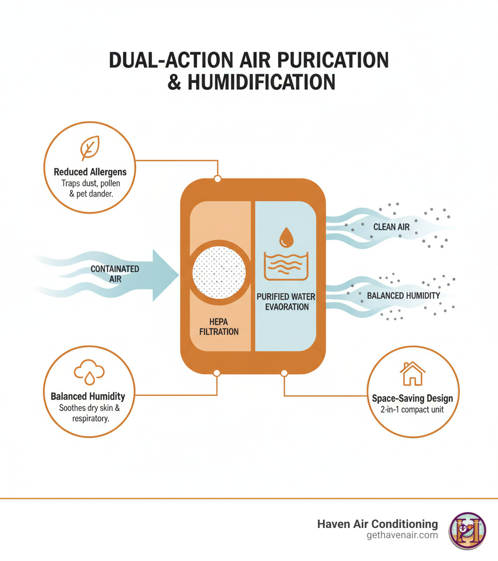 infographic showing how combo units simultaneously filter airborne particles through HEPA filtration while evaporating purified water into the air, illustrating the parallel processes of particle capture and moisture distribution, with callouts showing benefits like reduced allergens, balanced humidity levels, and space-saving design - air purifier with humidity control infographic 