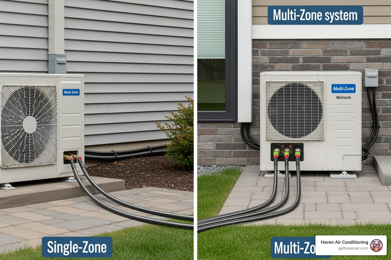 Home exterior showing a single-zone outdoor unit vs. a multi-zone outdoor unit with multiple line sets - ductless hvac prices Home exterior showing a single-zone outdoor unit vs. a multi-zone outdoor unit with multiple line sets - ductless hvac prices