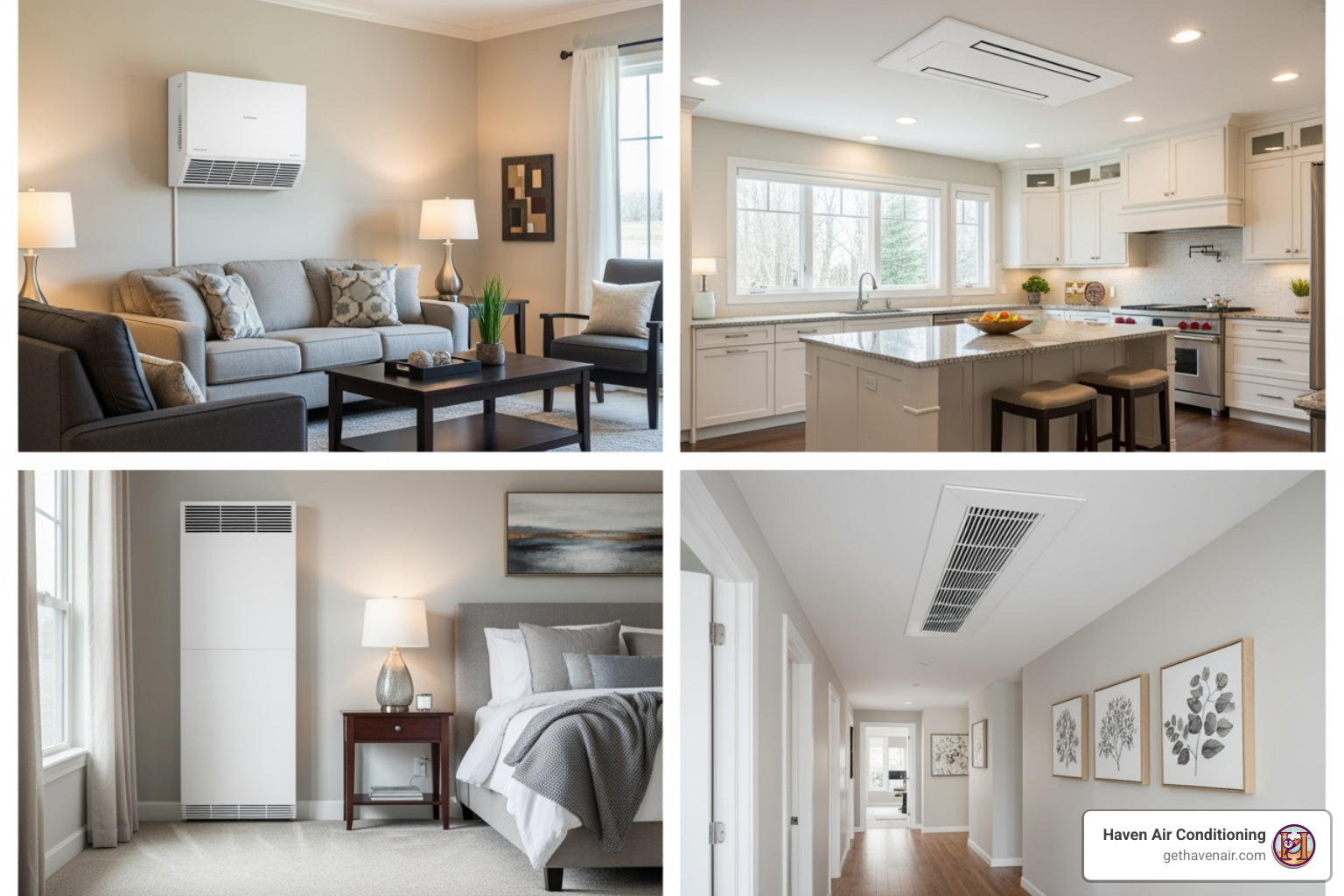 Collage showing wall-mounted, ceiling cassette, floor-mounted, and concealed duct indoor units - ductless hvac prices Collage showing wall-mounted, ceiling cassette, floor-mounted, and concealed duct indoor units - ductless hvac prices