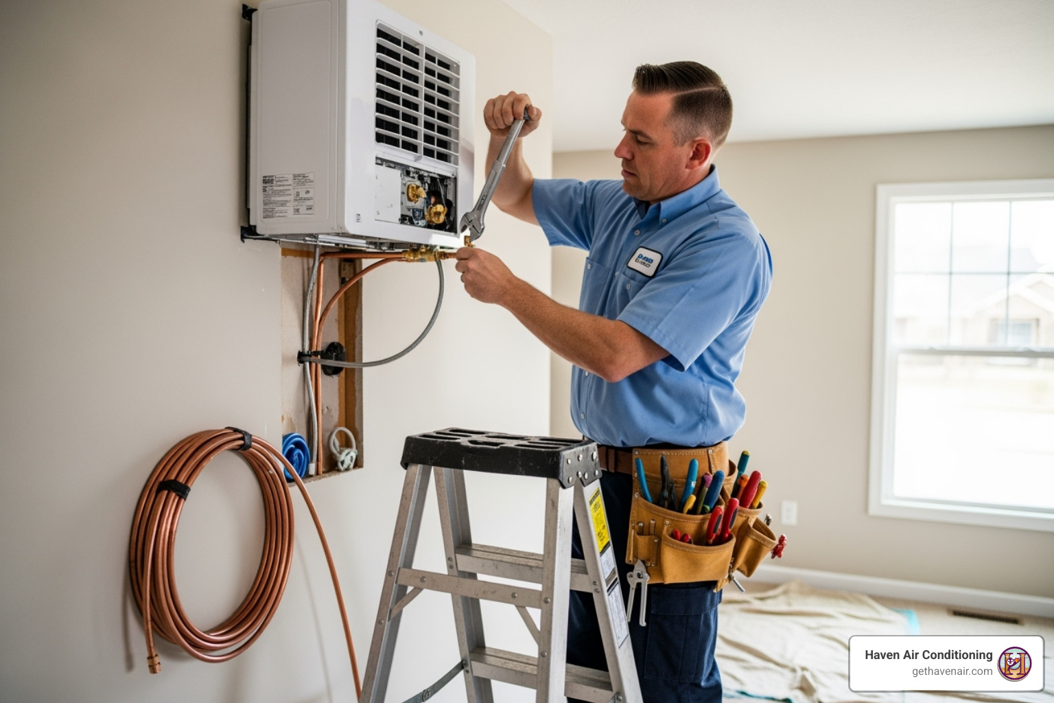 HVAC technician installing an indoor mini-split unit - ductless hvac prices HVAC technician installing an indoor mini-split unit - ductless hvac prices