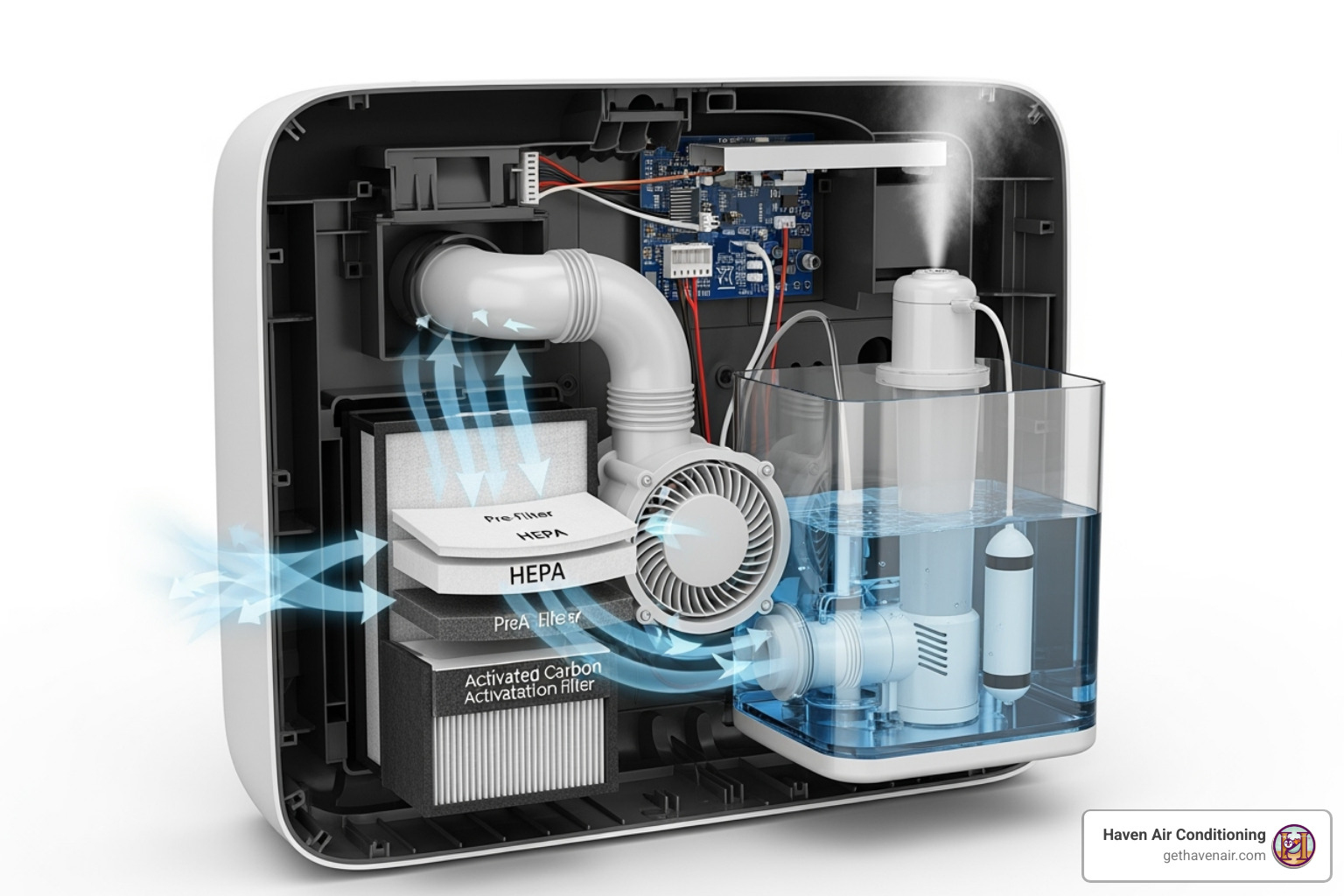cutaway view showing a filter and a water tank inside a single unit - air purifier with humidity control