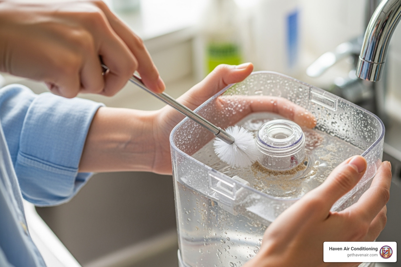 hands cleaning a humidifier water tank - air purifier with humidity control