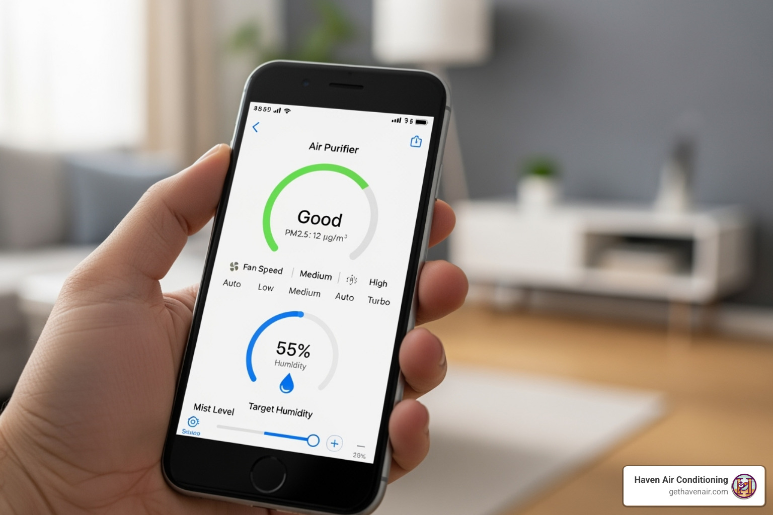 user interacting with a smart app controlling their air purifier combo - air purifier with humidity control