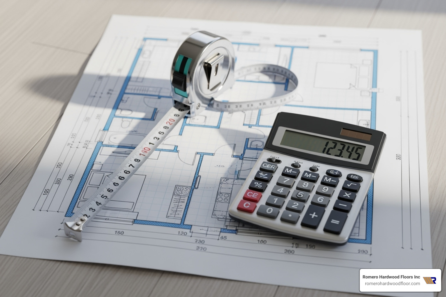 measuring tape and calculator on a hardwood floor plan - Hardwood Floor Installation Peabody MA measuring tape and calculator on a hardwood floor plan - Hardwood Floor Installation Peabody MA