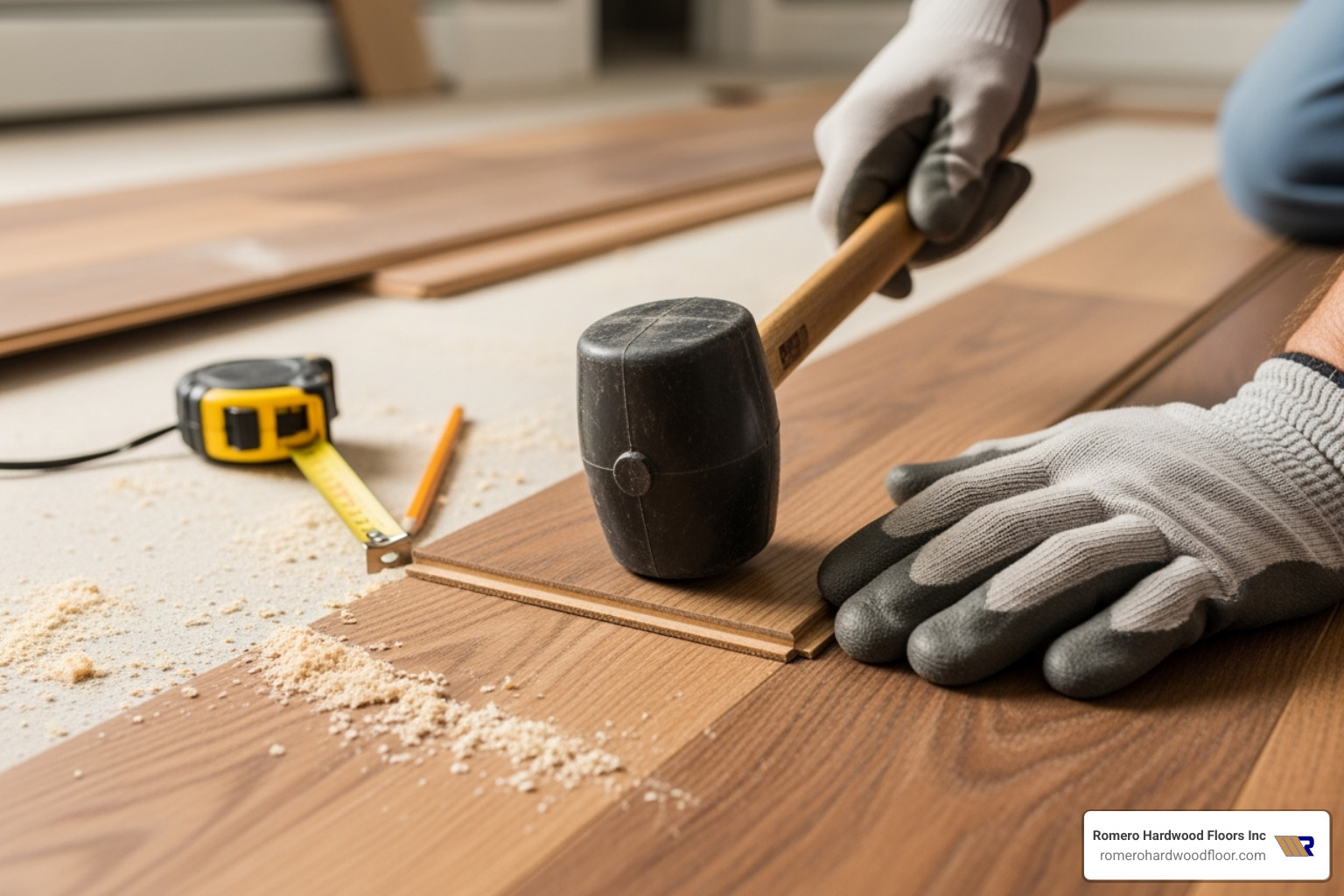 flooring professional carefully installing a hardwood plank - Hardwood Floor Installation Peabody MA flooring professional carefully installing a hardwood plank - Hardwood Floor Installation Peabody MA