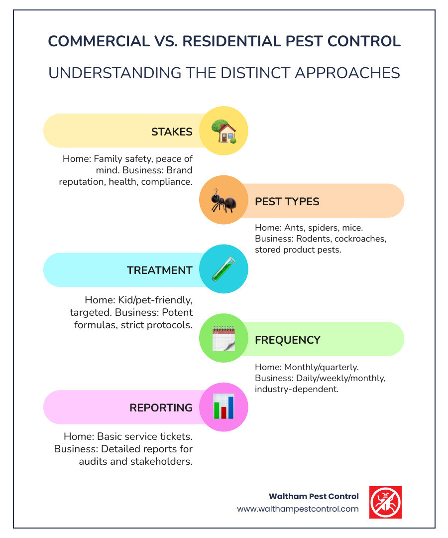 Infographic showing six key differences between commercial and residential pest control: Stakes (family safety vs business closure), Common Pests (household insects vs food-related pests), Treatment Methods (pet-friendly vs industrial-strength), Service Frequency (quarterly vs weekly), Reporting (basic tickets vs detailed documentation), and Scheduling (daytime convenience vs after-hours discretion) - commercial and residential pest control infographic infographic-line-5-steps-colors