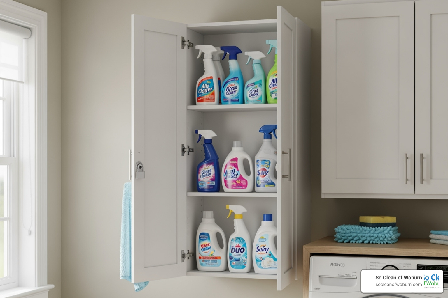 Cleaning products stored safely in a high, locked cabinet - handy andy multipurpose spray